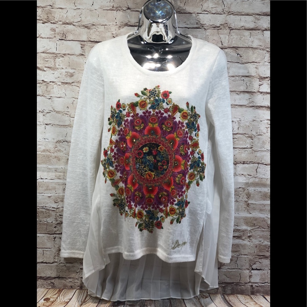 Desiqual floral print sweater sheer pleated back S